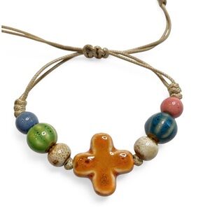 Artisan Ceramic Beaded Bracelet with Orange Cross Greek Cross